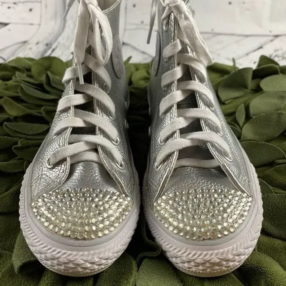 Converse Silver Bedazzled Girl’s Converse High Tops Leather Shoes Size Youth 13 - Picture 5 of 8